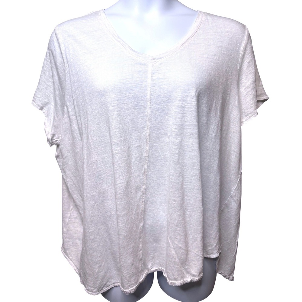 TAHARI White 100% Linen V-Neck T-Shirt 3X High-Low Center Seam Relaxed Lagenlook